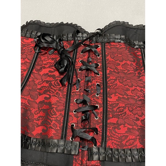 Red Black Floral Lace Boned Corset Top Gothic Steampunk Lace Up Back XL-2XL - Picture 7 of 12